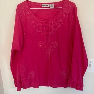 Western Hot Pink Long Sleeve Embroidered Top